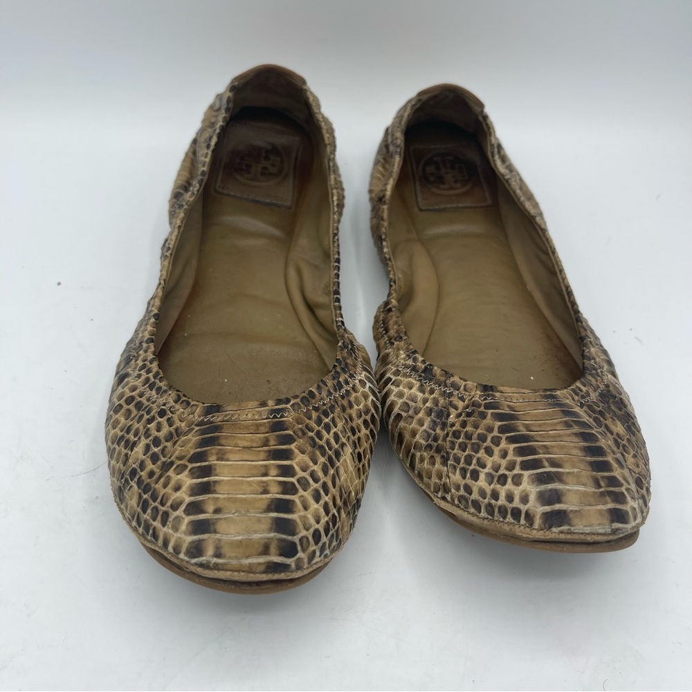 TORY BURCH Womens BROWN SNAKESKIN BALLET FLATS Size 10.5 Round Toe Slip On
